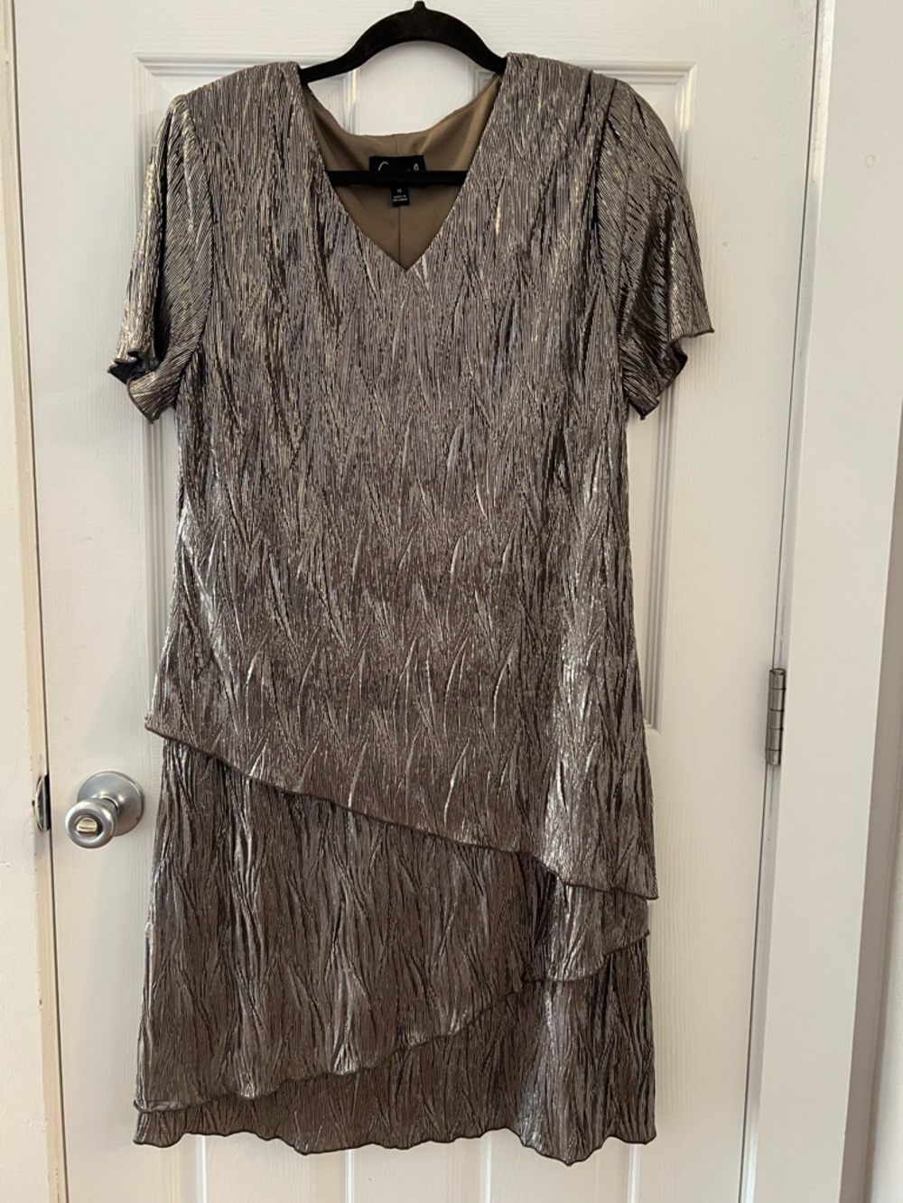 Metallic Gold Tiered V-Neck Midi Dress